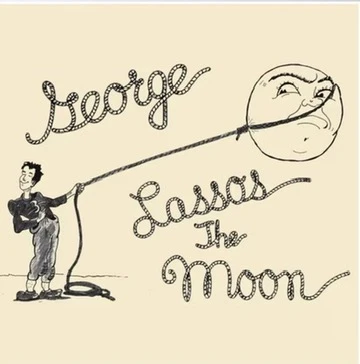Pen drawing titled George Lassos the Moon, a boy pulling a rope looped around a smiling moon