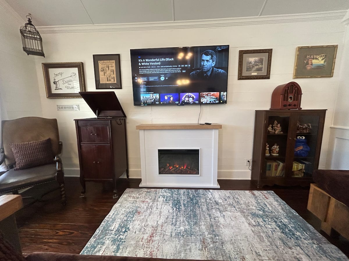 Media room with fireplace